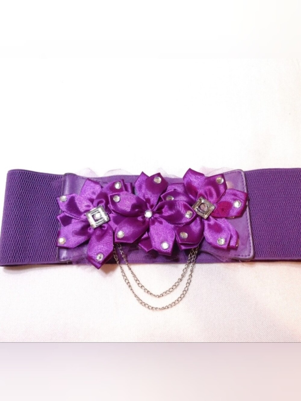 '80s Stretch Elastic Belt Wide Purple Flowers Small / Medium up to 32" waist
